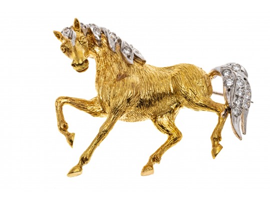 18k Yellow Gold Playful Horse Motif Animal Form Brooch With Diamonds