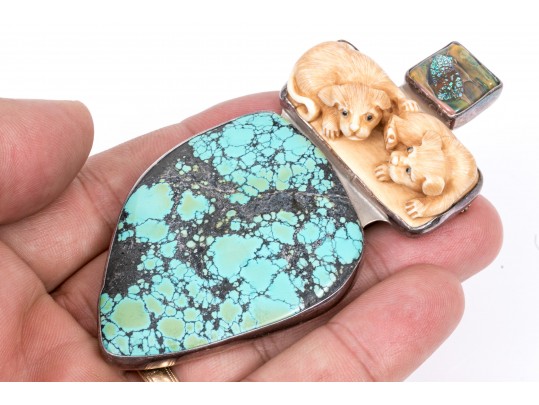 Amy Kahn Russell Sterling Silver Striking Turquoise And Iridescent Glass Brooch