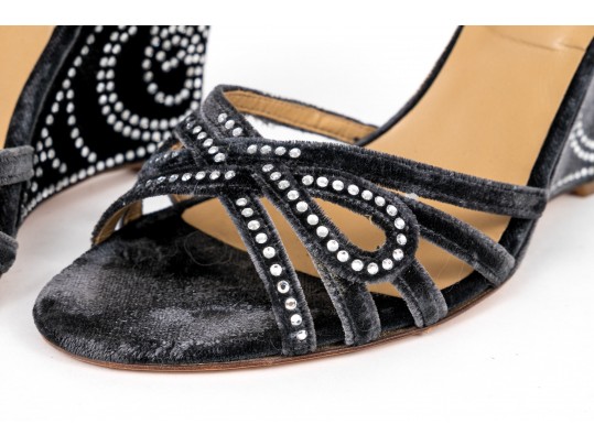 Valentino Garavini Extravagant, Dark Grey Strappy Wedge Sandals, Bejeweled, Size 40 1/2