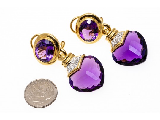 18k Yellow Gold Spectacular Chunky Amethyst Heart And Diamond Drop Earrings