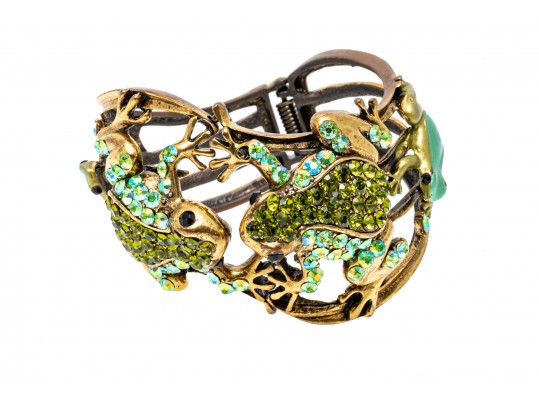 Fabulous Bedazzled Rhinestone Frog Motif Wide Hinged Cuff Bracelet