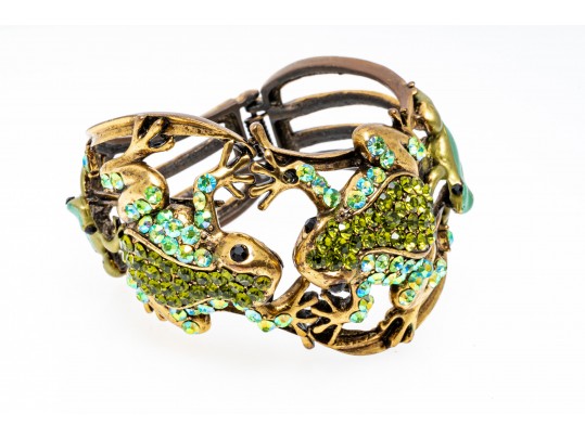 Fabulous Bedazzled Rhinestone Frog Motif Wide Hinged Cuff Bracelet