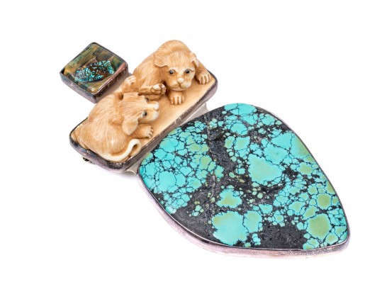 Amy Kahn Russell Sterling Silver Striking Turquoise And Iridescent Glass Brooch