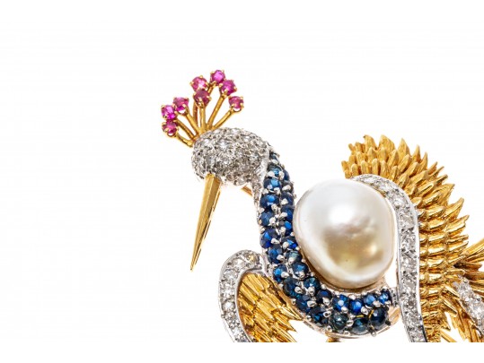18k Yellow Gold Graceful Diamond Bird Brooch, App. 0.97 TCW