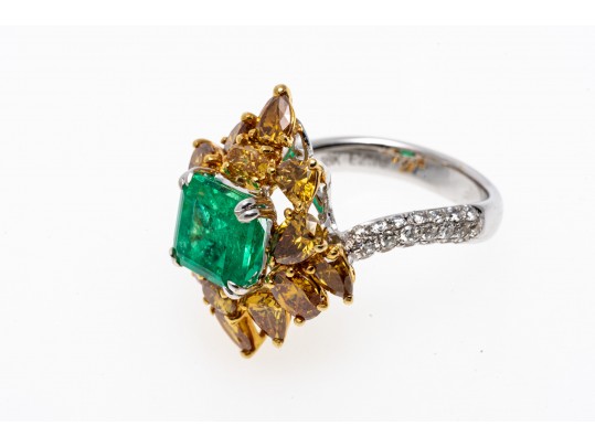 M. Christoff 18k Stunning Emerald, Yellow And White Diamond Cocktail Ring, Size 6.25+