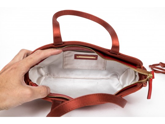 Vicini Impactful Dark Orange Satin Top Handle Bag And Matching Sandals, Size 40, Bird Motif Decorati