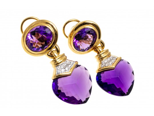 18k Yellow Gold Spectacular Chunky Amethyst Heart And Diamond Drop Earrings