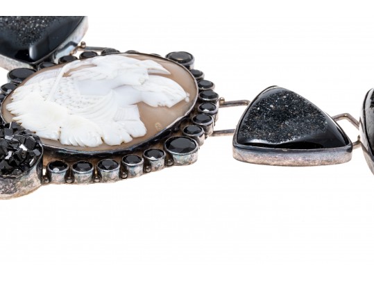 Margaret Thurman Magnificent Sterling, Cameo, Jet, Druzy And Smoky Quartz Necklace