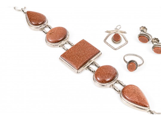 Lot Of Assorted Sterling, 800 Silver And Gold Filled Goldstone Glass Jewelry Pieces