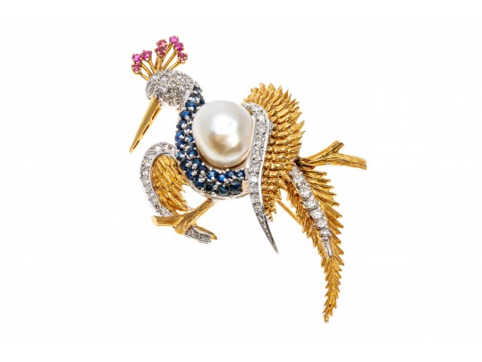 18k Yellow Gold Graceful Diamond Bird Brooch, App. 0.97 TCW
