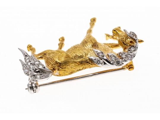 18k Yellow Gold Playful Horse Motif Animal Form Brooch With Diamonds