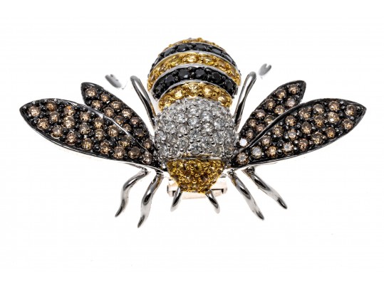 18k Striking Yellow Sapphire And White, Black And Cognac Diamond Bee Brooch