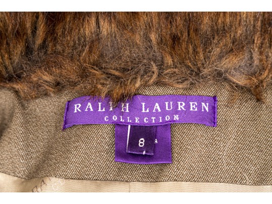 Ralph Lauren Purple Label Tan Wool Belted Faux Fur Trimmed Coat, Size 8