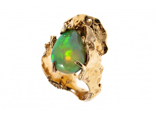 14kyg Striking Brutalist Handmade Ring With Green Opal Doublet Center, Size 6