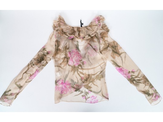Gucci Ivory And Pink Sheer Silk Floral Blouse, Size 42