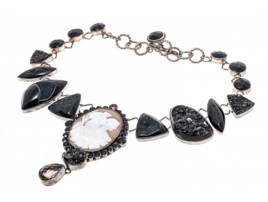 Margaret Thurman Magnificent Sterling, Cameo, Jet, Druzy And Smoky Quartz Necklace
