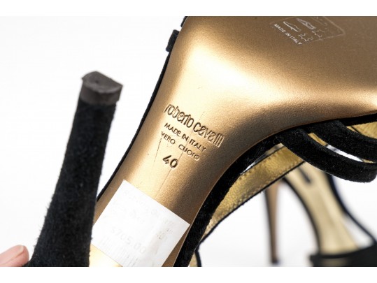 Roberto Cavalli Classic Black Suede Stilleto T-straps, Size 40