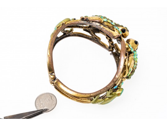 Fabulous Bedazzled Rhinestone Frog Motif Wide Hinged Cuff Bracelet