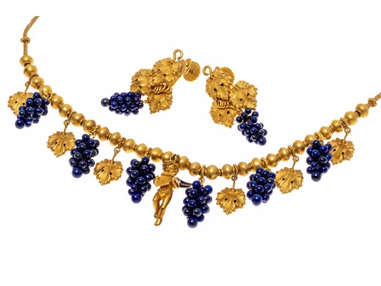 18k Yellow Gold Vintage Grape, Foliate And Cherub Motif Necklace, With Earrings
