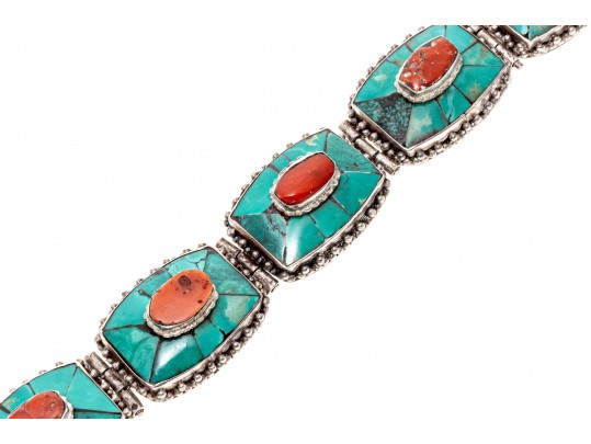Sterling Silver Striking Southwestern Motif Turquoise And Coral Link Bracelet