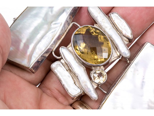 Starborn Sterling Silver Breathtaking Wide Mother-Of-Pearl And Citrine Panel Bracelet