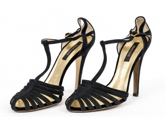 Roberto Cavalli Classic Black Suede Stilleto T-straps, Size 40