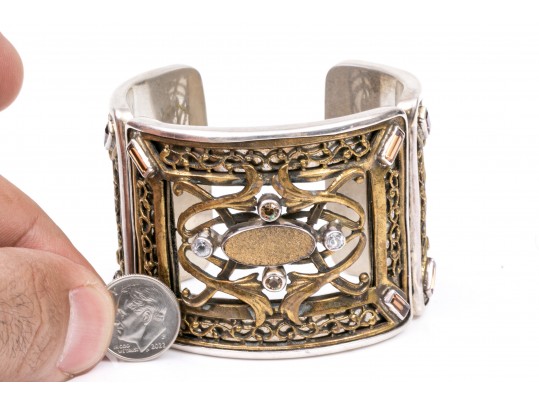 Margaret Thurman Sterling And Bronze Wide Lattice And White Topaz Cuff Bracelet