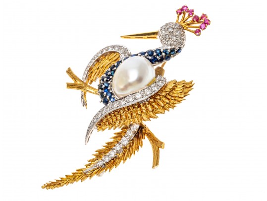 18k Yellow Gold Graceful Diamond Bird Brooch, App. 0.97 TCW