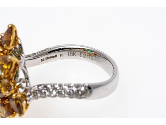 M. Christoff 18k Stunning Emerald, Yellow And White Diamond Cocktail Ring, Size 6.25+
