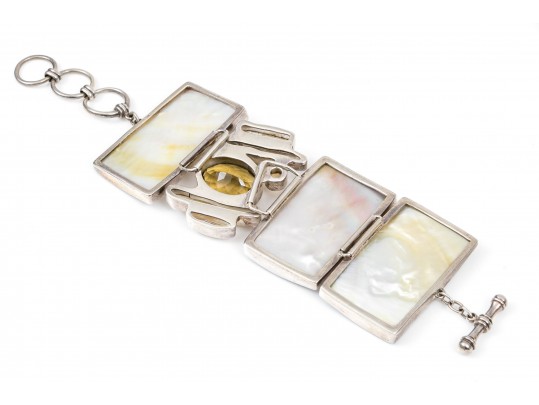 Starborn Sterling Silver Breathtaking Wide Mother-Of-Pearl And Citrine Panel Bracelet