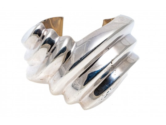 Sterling Silver Chic Wide Chevron Ribbed Cuff Bracelet, See Condition Notes