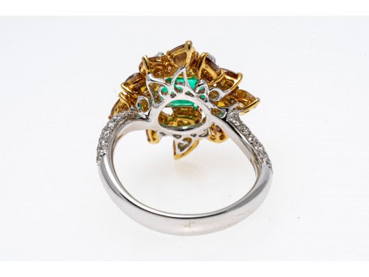 M. Christoff 18k Stunning Emerald, Yellow And White Diamond Cocktail Ring, Size 6.25+