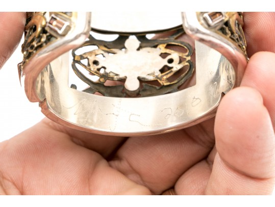 Margaret Thurman Sterling And Bronze Wide Lattice And White Topaz Cuff Bracelet