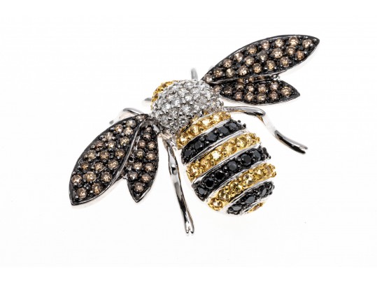 18k Striking Yellow Sapphire And White, Black And Cognac Diamond Bee Brooch