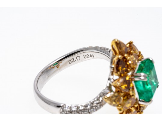 M. Christoff 18k Stunning Emerald, Yellow And White Diamond Cocktail Ring, Size 6.25+