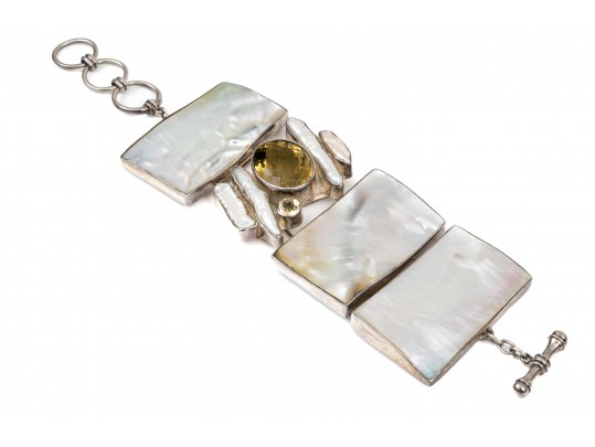 Starborn Sterling Silver Breathtaking Wide Mother-Of-Pearl And Citrine Panel Bracelet