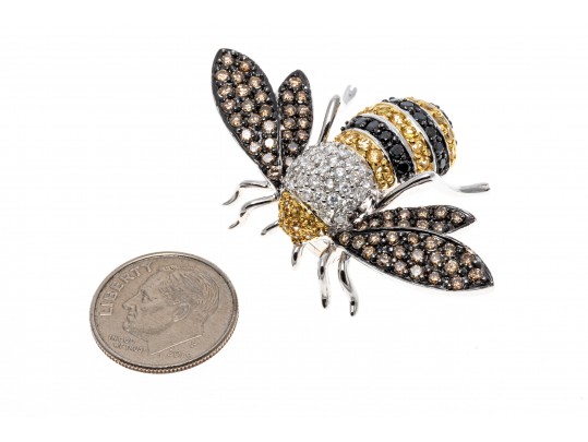 18k Striking Yellow Sapphire And White, Black And Cognac Diamond Bee Brooch