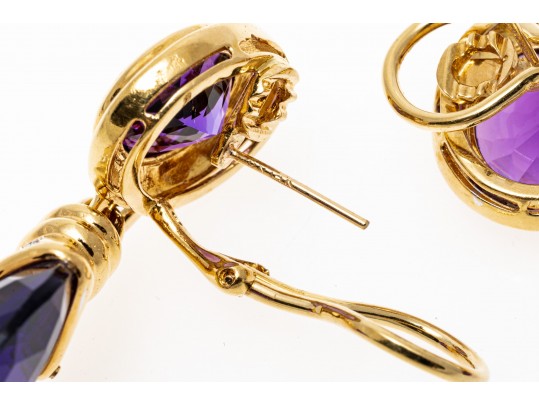 18k Yellow Gold Spectacular Chunky Amethyst Heart And Diamond Drop Earrings