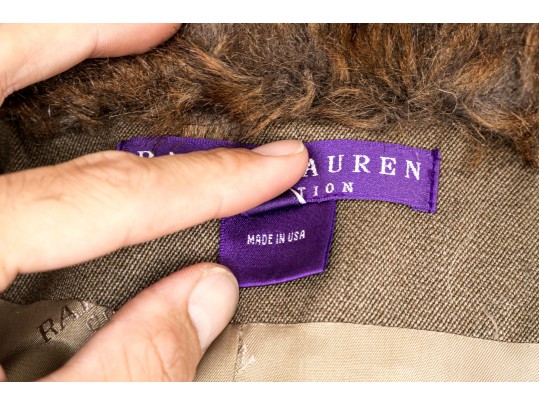 Ralph Lauren Purple Label Tan Wool Belted Faux Fur Trimmed Coat, Size 8