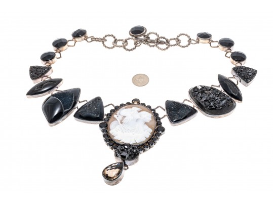 Margaret Thurman Magnificent Sterling, Cameo, Jet, Druzy And Smoky Quartz Necklace