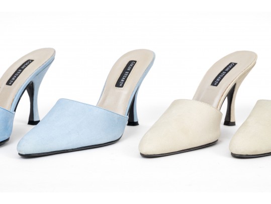 Colin Stuart Pair Of Two Sueded Mules, Light Blue And Light Tan, Size 8 1/2
