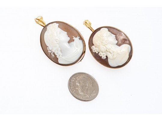 9k Gold Pretty Carved Cameo Drop Earrings With Simple Frames