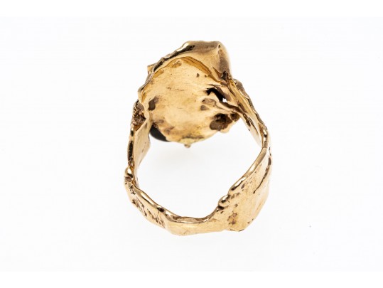 14kyg Striking Brutalist Handmade Ring With Green Opal Doublet Center, Size 6