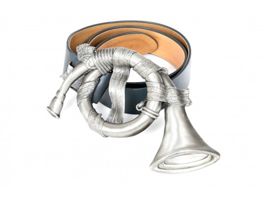 Margarita Barrera Festive Vintage Silver Tone French Horn Belt Buckle, 1994, With Belt