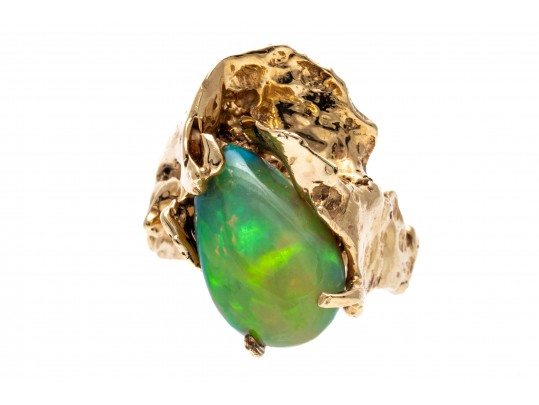 14kyg Striking Brutalist Handmade Ring With Green Opal Doublet Center, Size 6