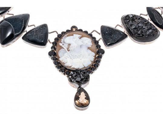 Margaret Thurman Magnificent Sterling, Cameo, Jet, Druzy And Smoky Quartz Necklace