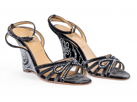 Valentino Garavini Extravagant, Dark Grey Strappy Wedge Sandals, Bejeweled, Size 40 1/2