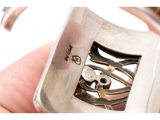 Margaret Thurman Sterling And Bronze Wide Lattice And White Topaz Cuff Bracelet