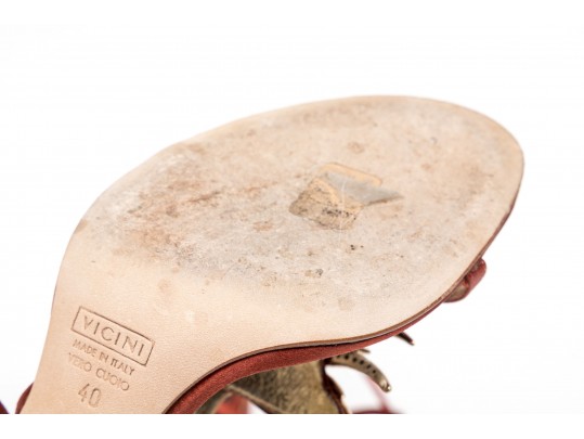 Vicini Impactful Dark Orange Satin Top Handle Bag And Matching Sandals, Size 40, Bird Motif Decorati