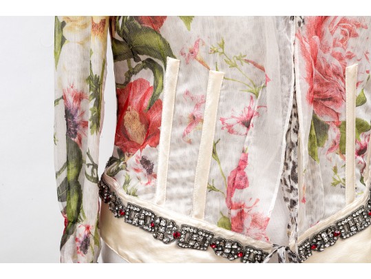 Roberto Cavalli Ivory, Leopard Print And Floral Blouse, Bejeweled, Size 48